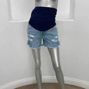 PinkBlush Distressed Maternity Denim Shorts Navy Blue